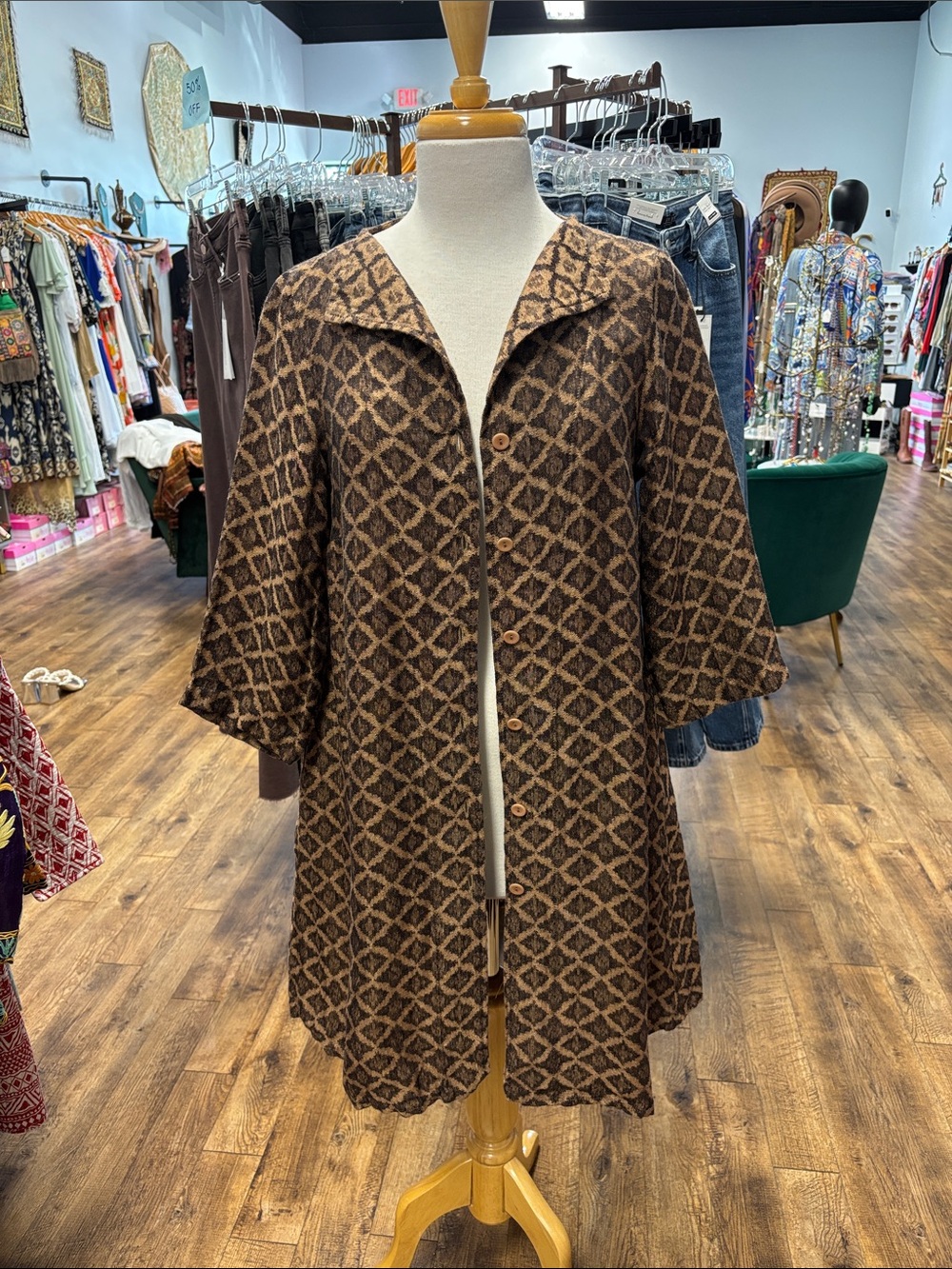 Flax Brown & Black Geometric Button Front Linen Coat